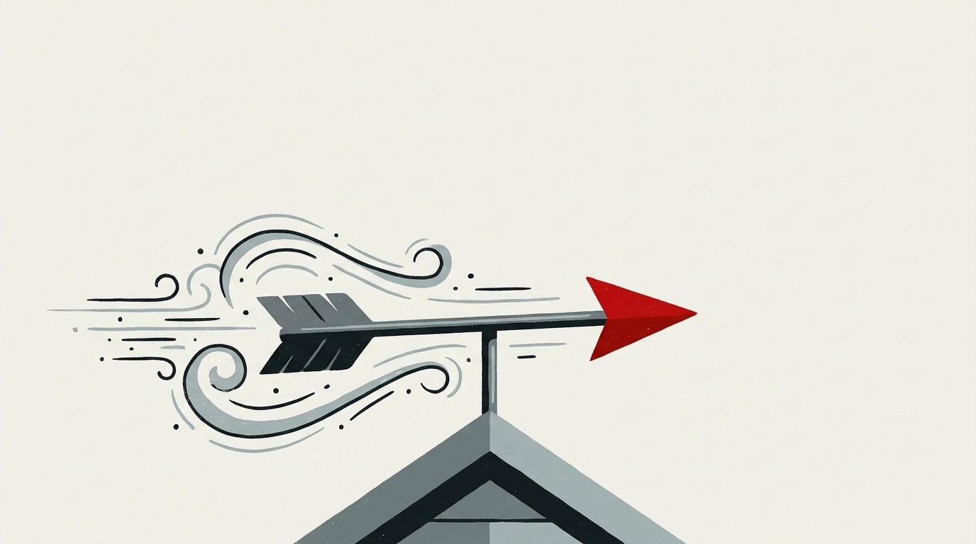 A compass needle spinning freely above a cream field, pointing backward at a single red arrow behind it instead of forward