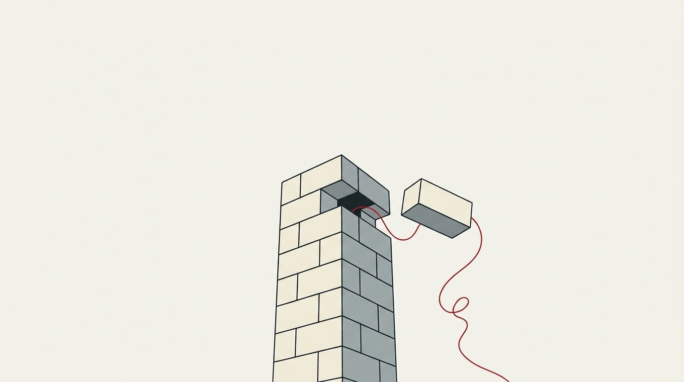 A single red arrow draining downward out of a cream-colored stacked block tower