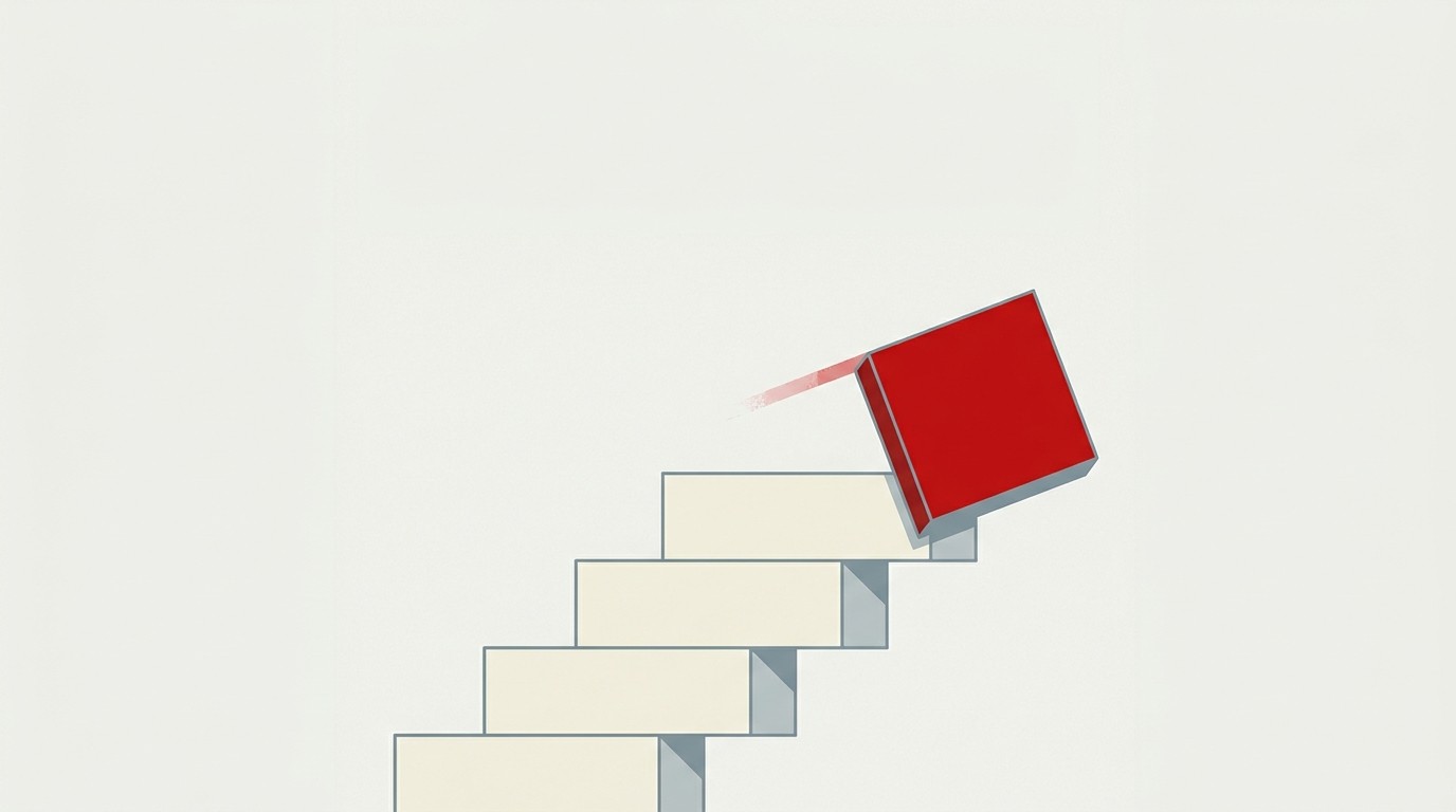A single red drop breaking a five-step ascending staircase of cream blocks, negative space above