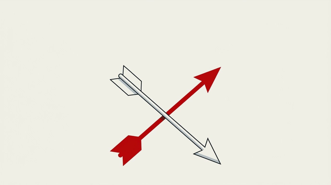 Two arrows on cream ground, one thick red arrow pointing up and one thin outlined arrow pointing down, crossing paths