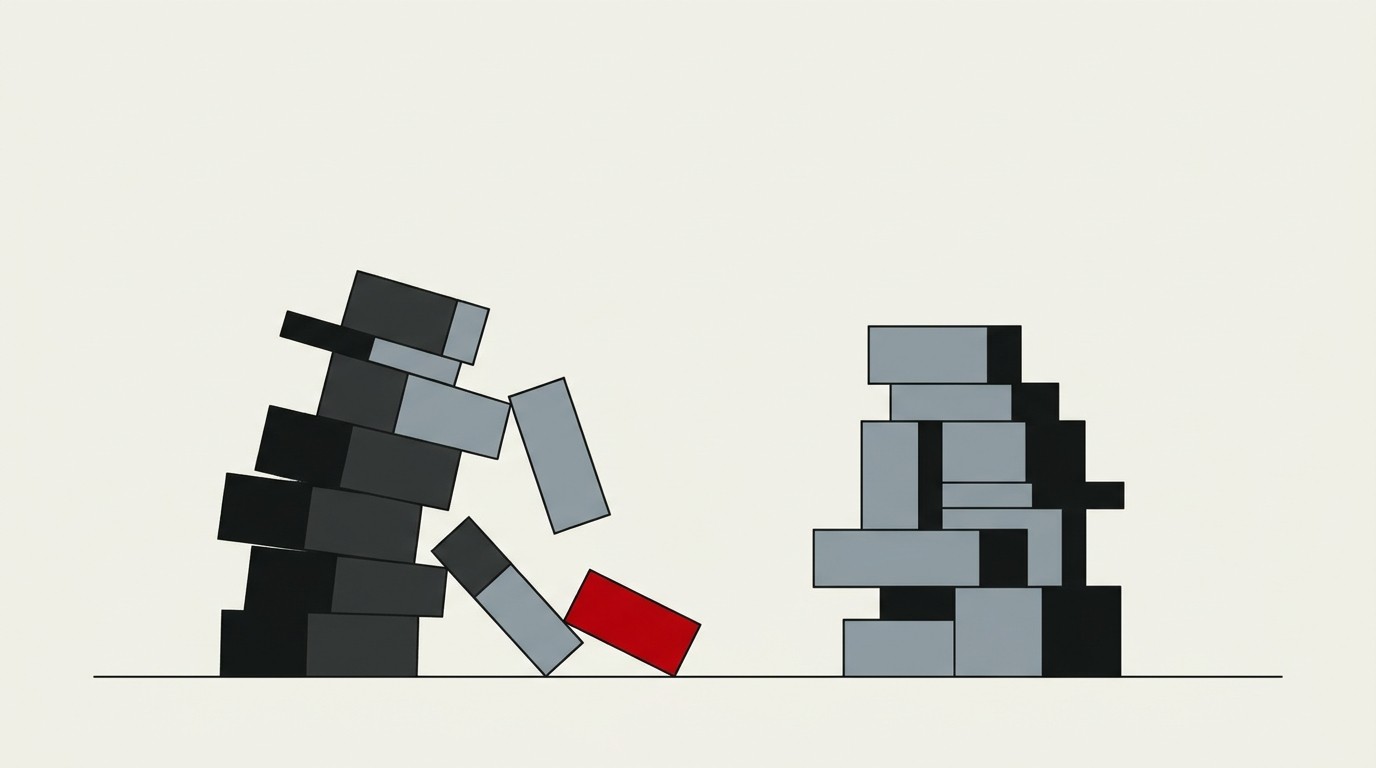 A tall cream column of stacked coins tipping over and spilling to one side, a single red coin rolling away from the pile