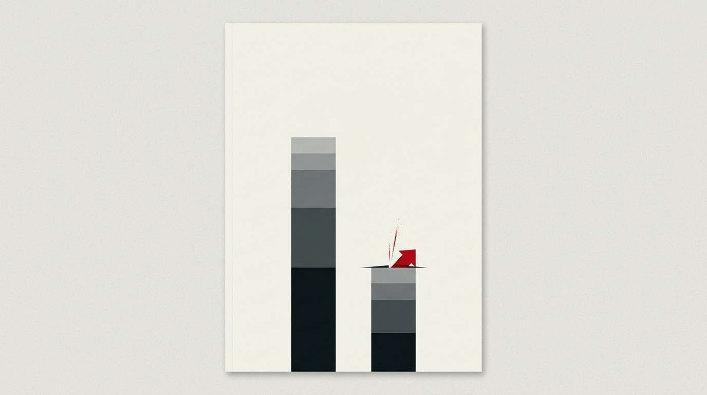 Two rising bar shapes on cream ground, one bar taller and marked with a single red accent block at its base