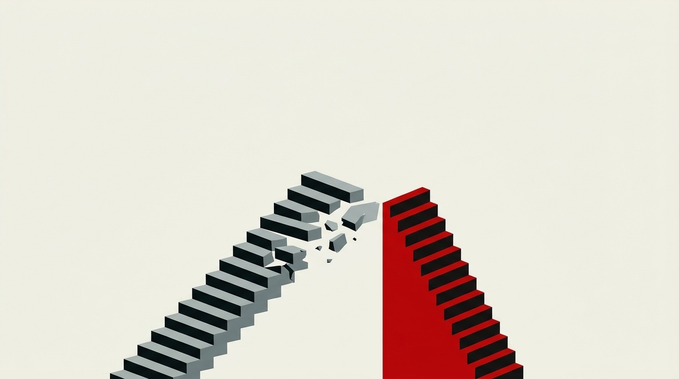 Two parallel staircases, one cream step descending nine times, one red step breaking a long ascending run