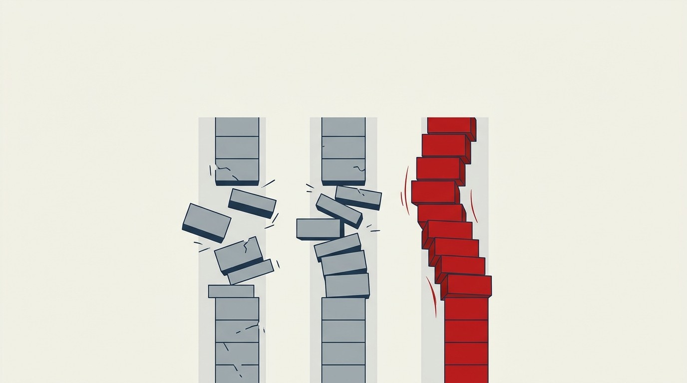 Two streams of small cream blocks stopping mid-flow while a third red block resumes flowing, all on cream ground with negative space above