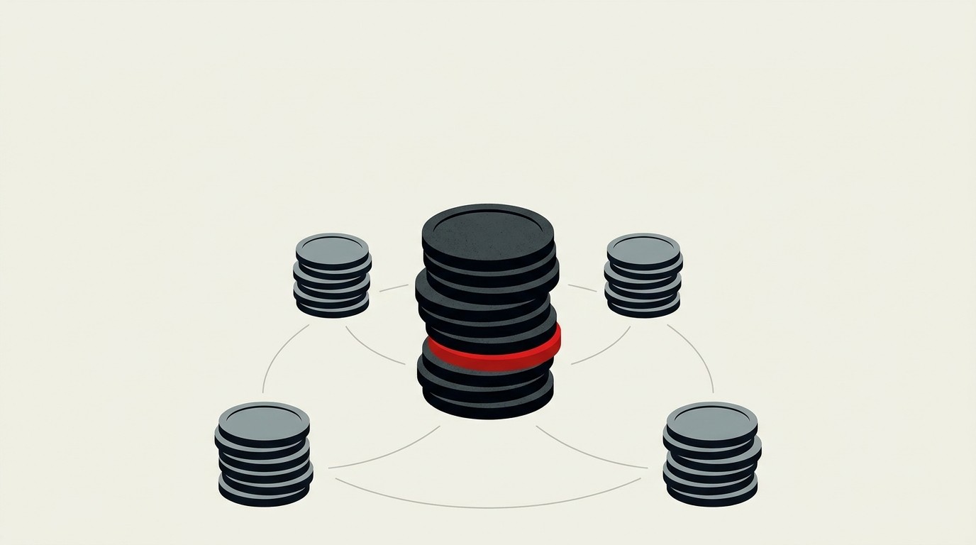 A tall stack of coins splitting into four smaller stacks arranged around it, cream background, one red accent coin on top