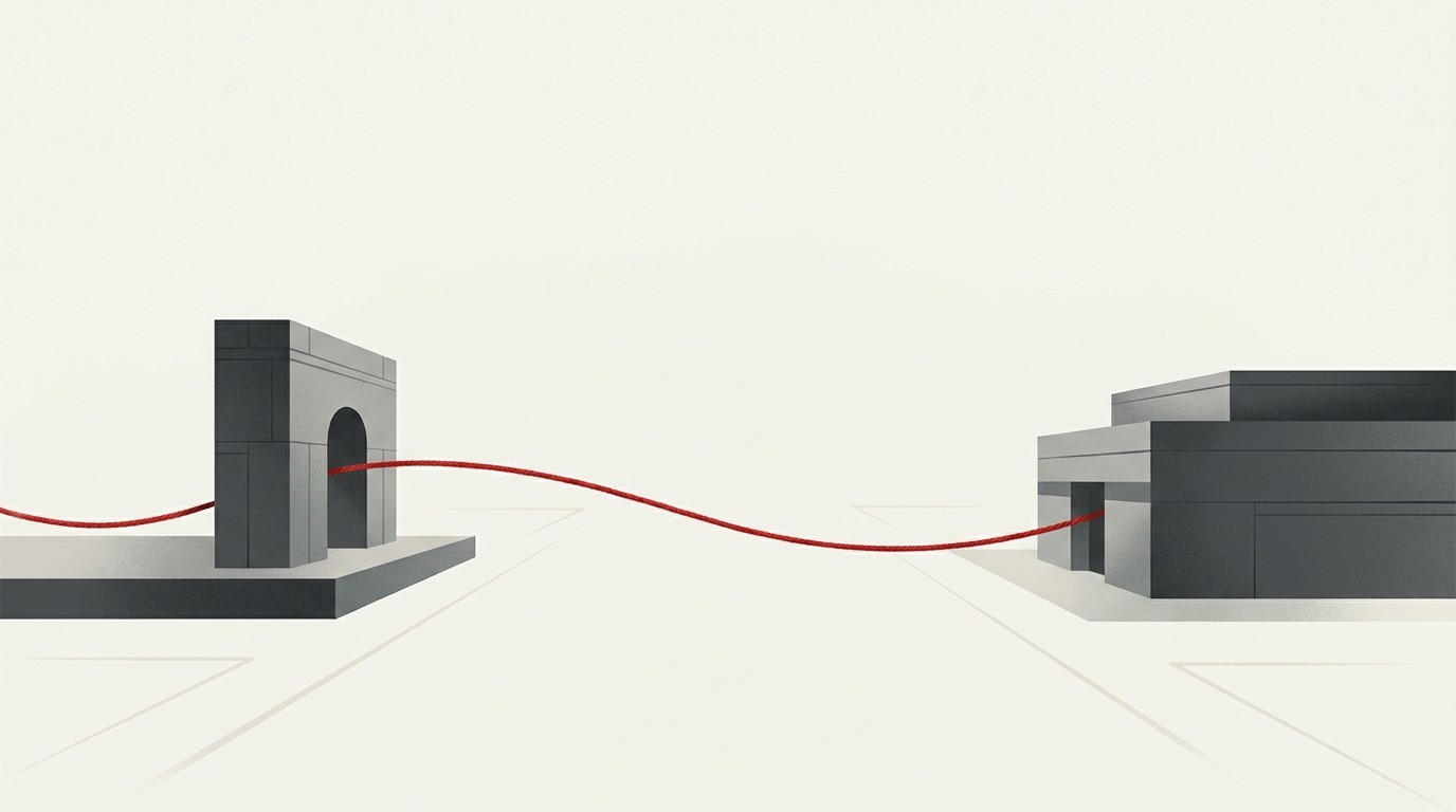 A single red thread stretching between two cream-colored geometric bank-like blocks across a blank upper space