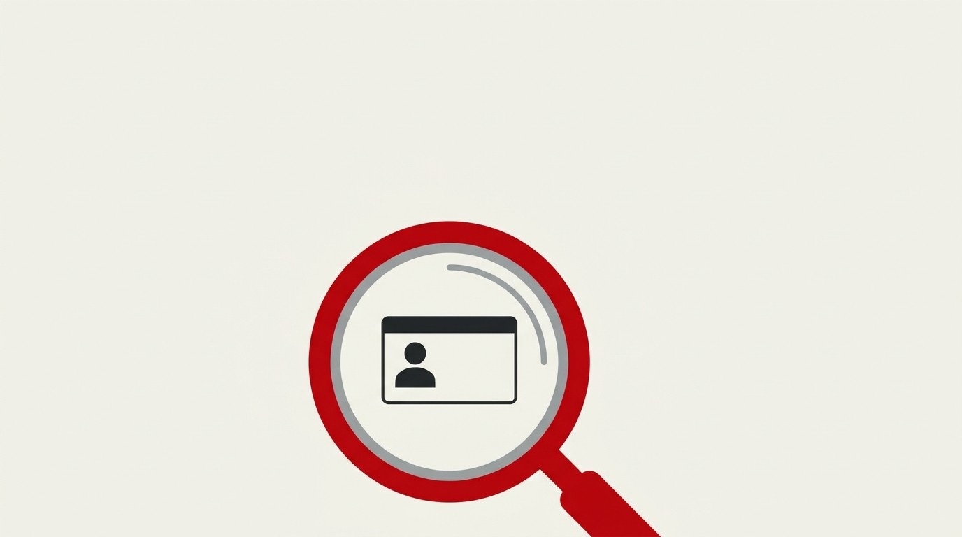 A single red magnifying glass hovers over a cream identification card shape, rest of the space empty above