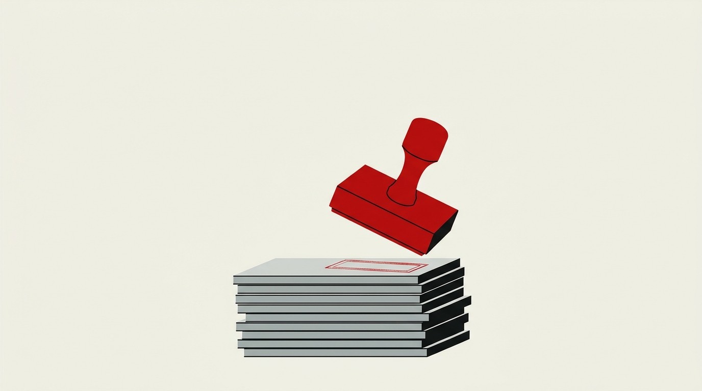 A cream field with a single red ledger stamp pressed onto a stack of flat coin-less tokens, negative space above