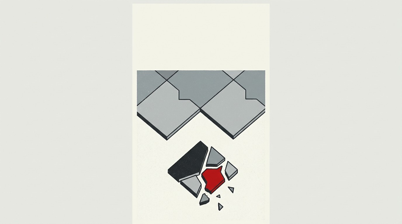 A single small cream tile crumbling apart while a cluster of larger tiles nearby stays intact, one red crack running through the small tile