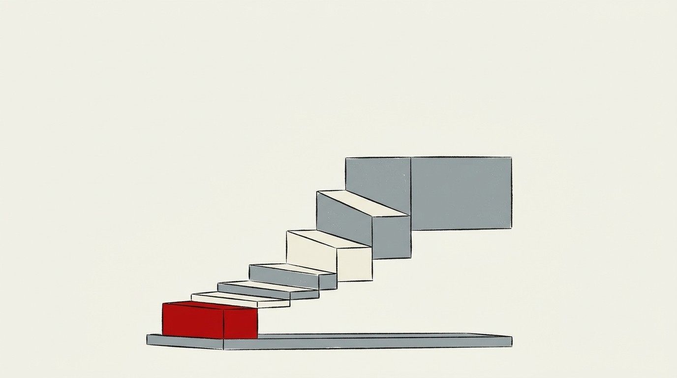 A single red mining rig silhouette standing apart from a row of cream-colored identical shapes, cost bars shrinking beside it