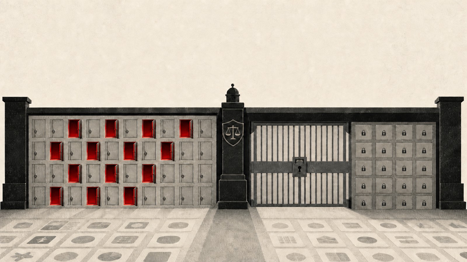 A cream-colored security gate with fourteen red-lit open lanes and a dense field of grey closed lanes below