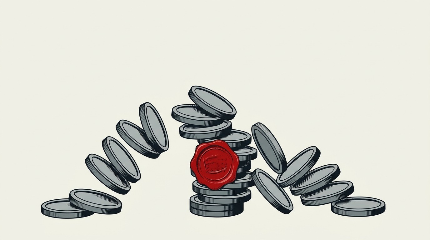 A red tax stamp hovering over a stack of coins that is sliding apart, cream background, empty space above
