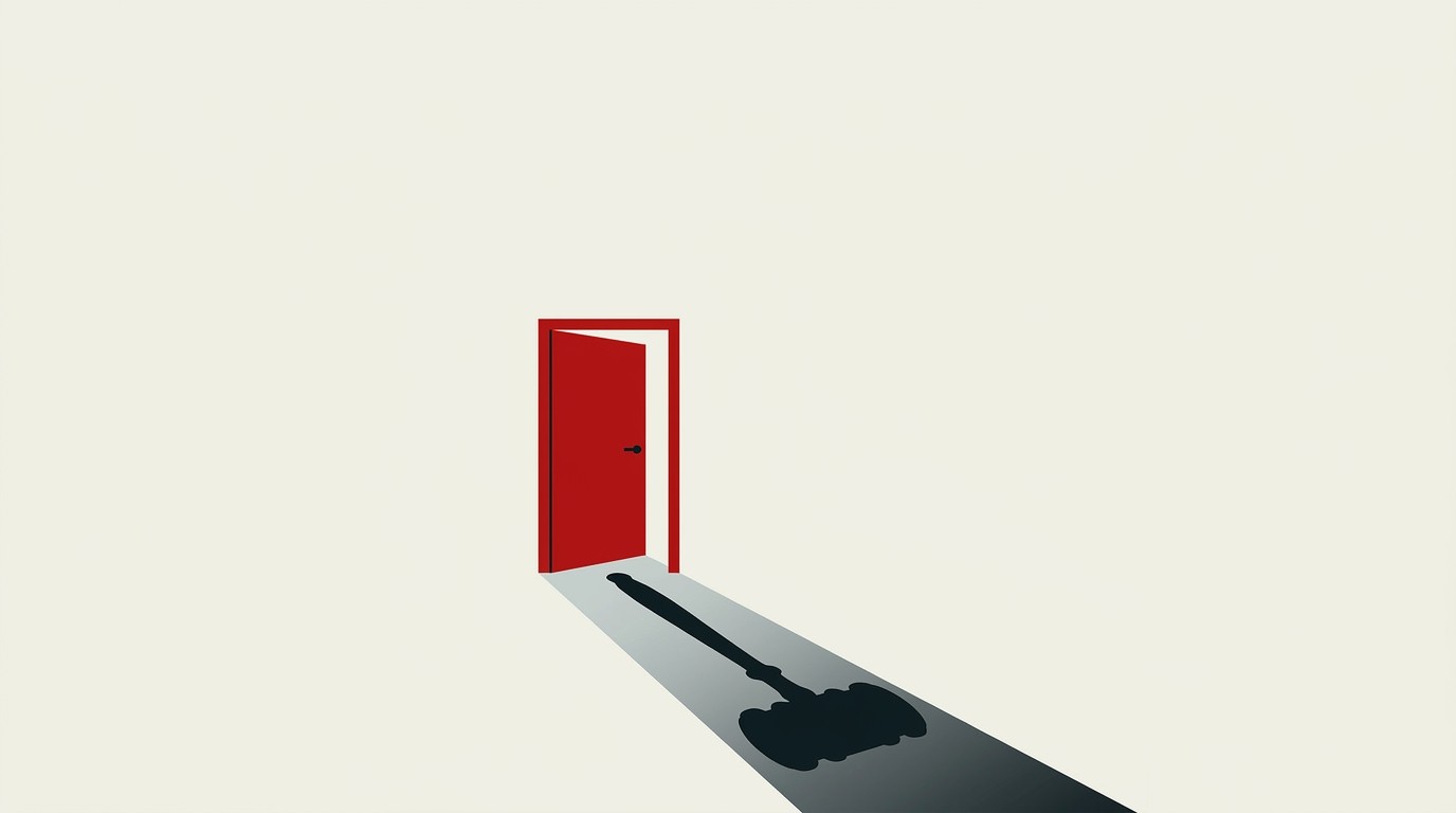 A gavel resting beside a red exit door outlined on a cream background