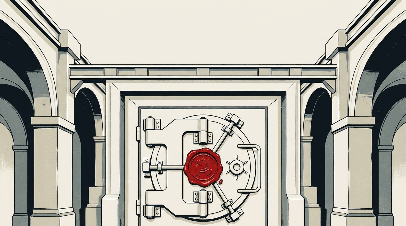 A vault door built from stacked geometric blocks sits inside a larger open frame, cream background, single red seal at the center