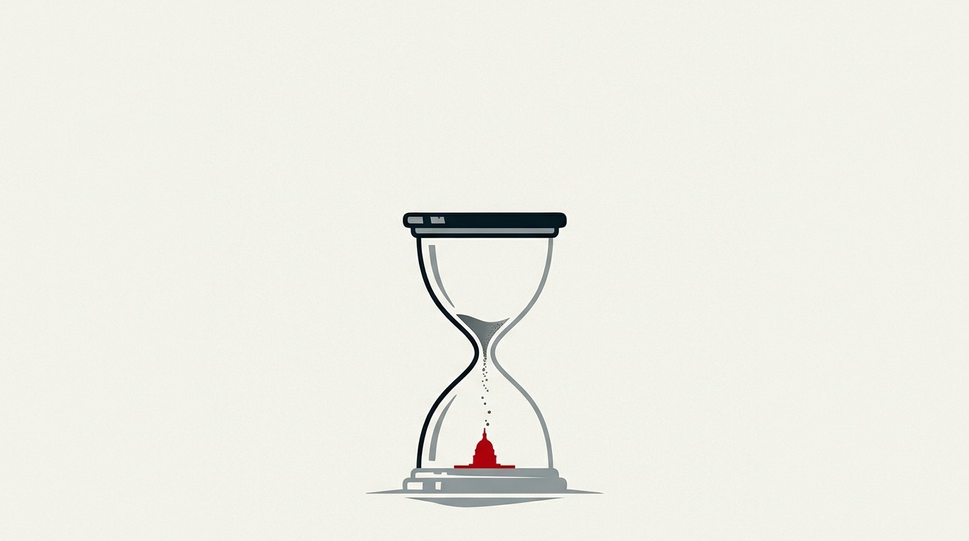 A single red hourglass with sand nearly run out, set against a cream background with a fading calendar page above it