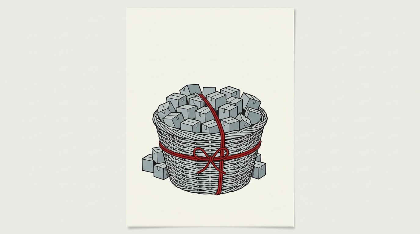 A single small basket holding many miniature identical parcels, set apart from scattered individual parcels, on a cream background