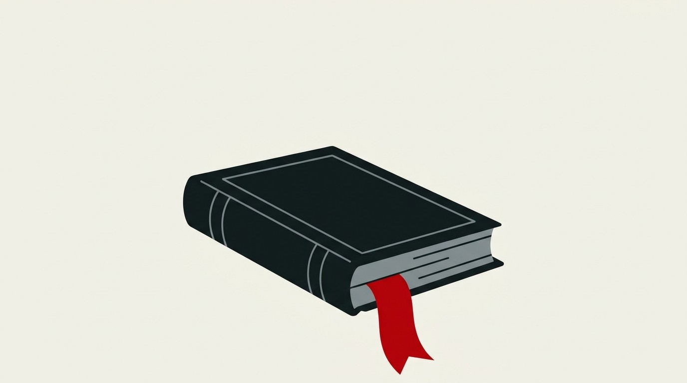 An empty regulatory rulebook with a single red bookmark ribbon hanging out, cream background, negative space above