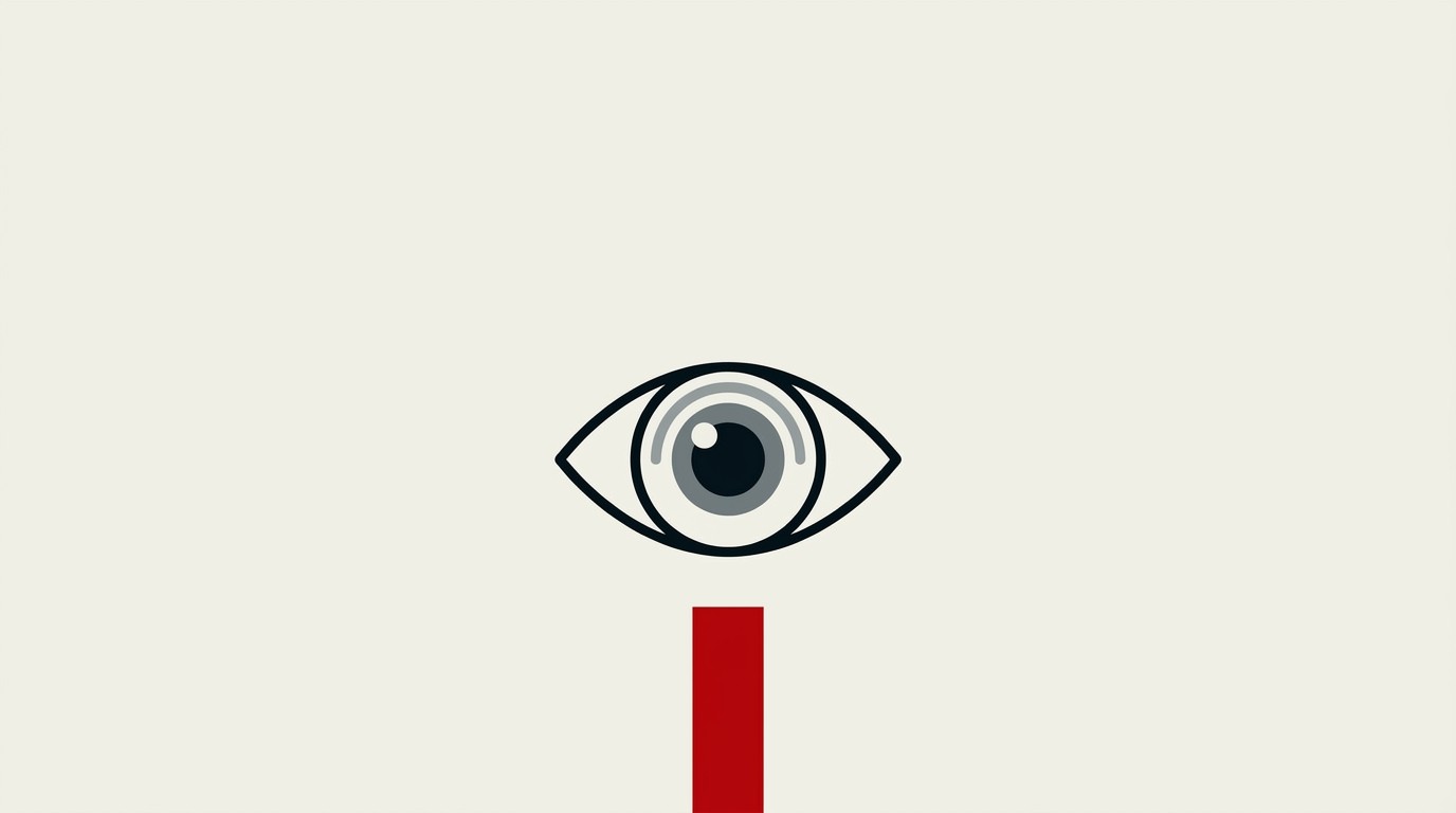 A single eye-shaped outline above a cream field with one red vertical bar rising beside it, minimal geometric composition