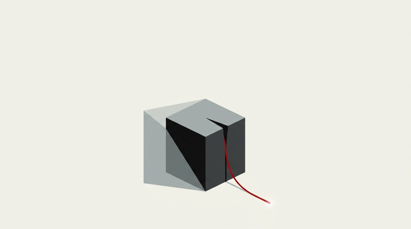 A shielded geometric shape emerging partway from a cream field, one red seam of light along its edge