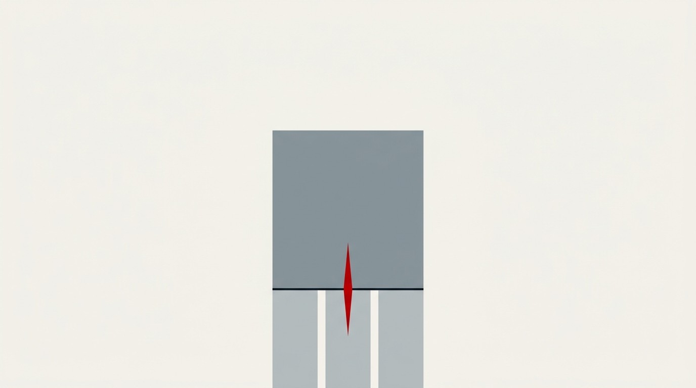 A single tall bar of coins splitting into three shorter stacked bars, cream background, one red accent line