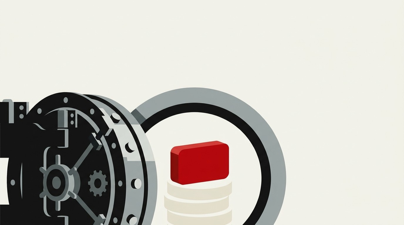 A single red block of stacked coins shifting from a cash pile onto a ledger column, cream background, negative space above