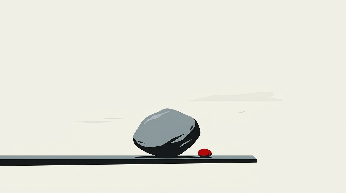 A single still stone balanced on a ledge, casting a long shadow, against a cream background with one red mark