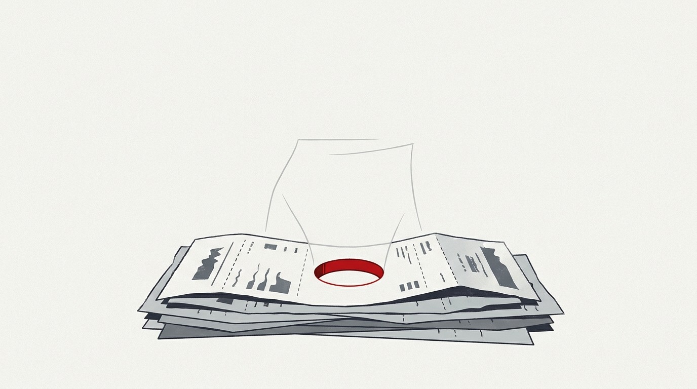 A stack of paper receipts on a cream background, one receipt marked with a small red dot, casting long shadows toward empty space above