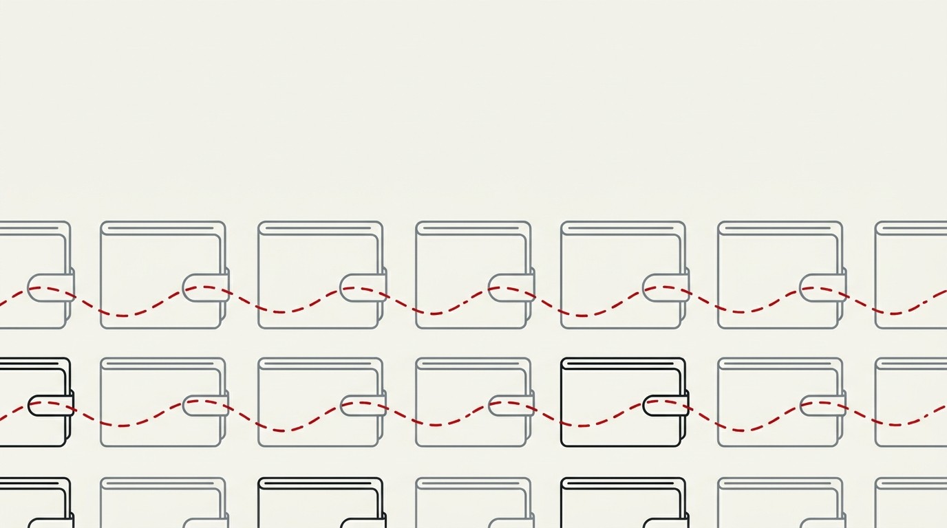 A single red thread running through a grid of cream-colored wallet icons