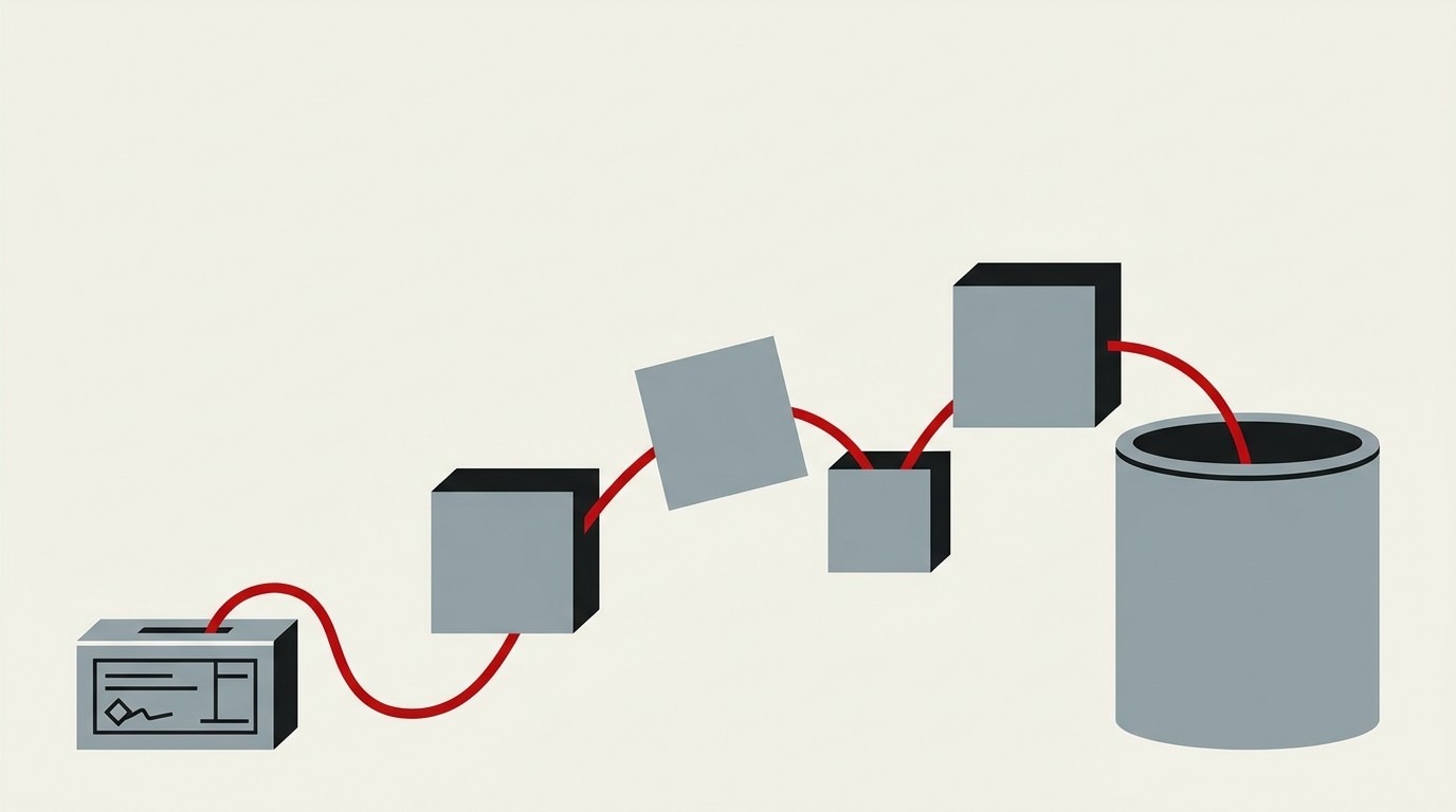 A single thread unspooling from one labeled box into a tangle of identical unlabeled boxes, cream background, one red thread