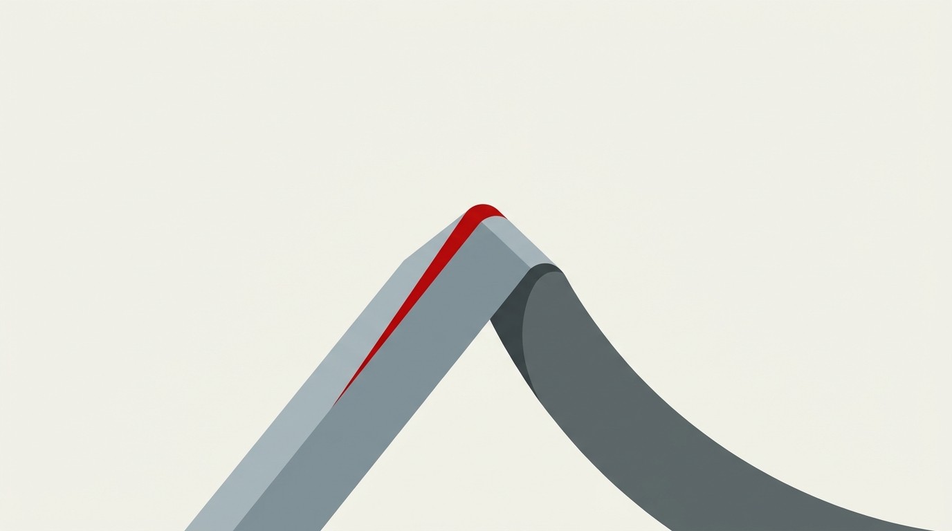 A single rising bar chart shape casting a long shadow that curves downward into a valley, cream background, one red accent line marking the peak