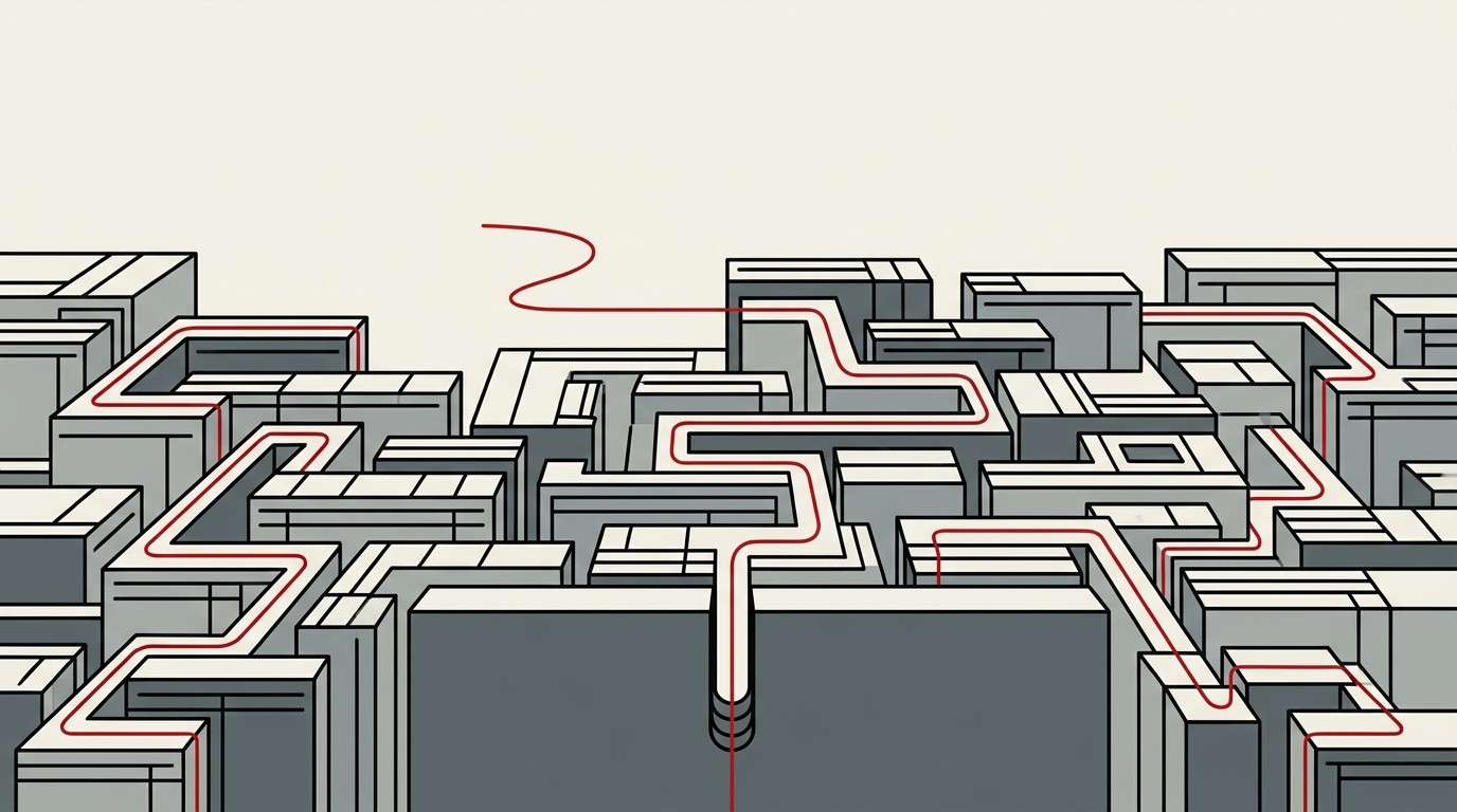A single red thread passing through a stack of pale ledger blocks toward a larger cream block
