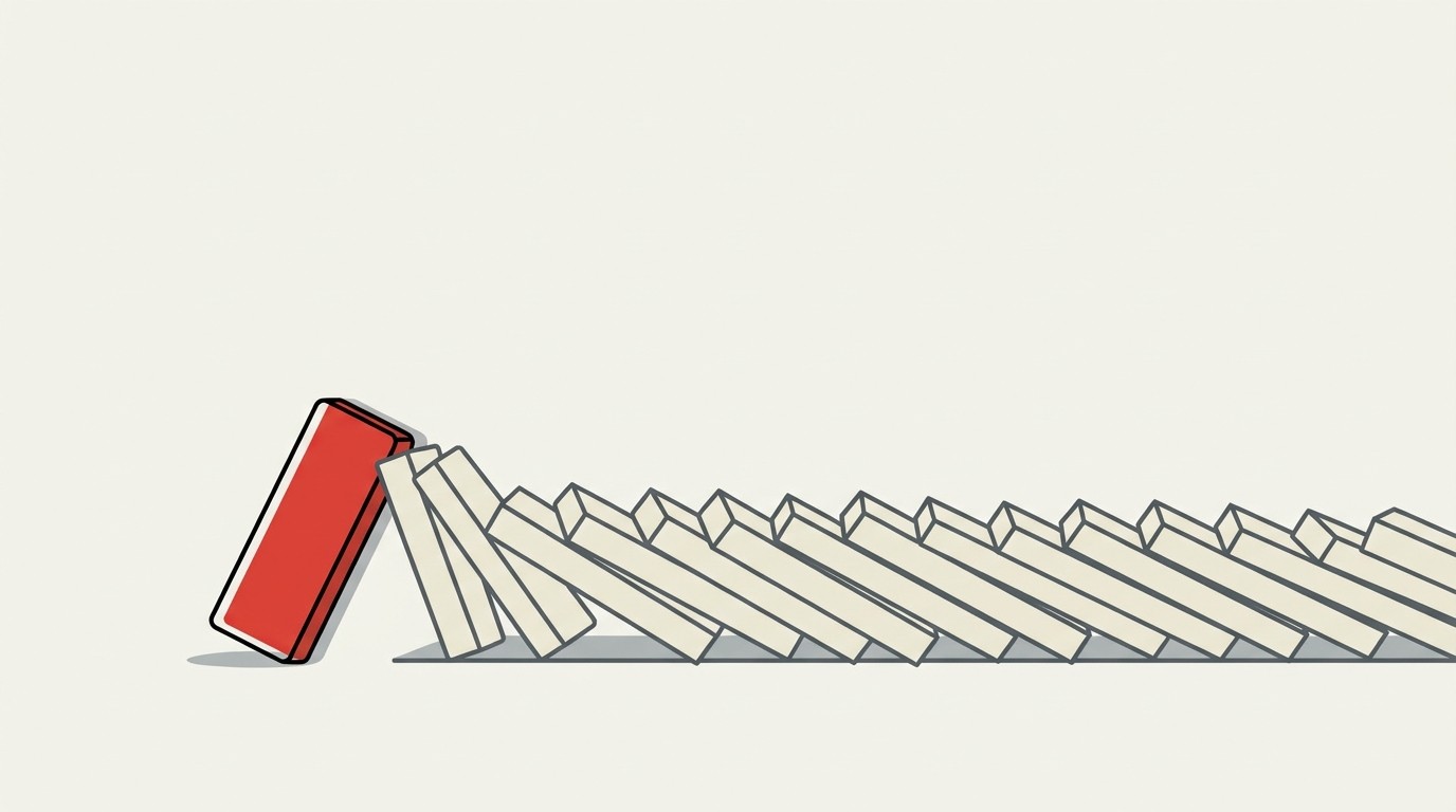 A single red domino falling behind a row of cream dominoes already down