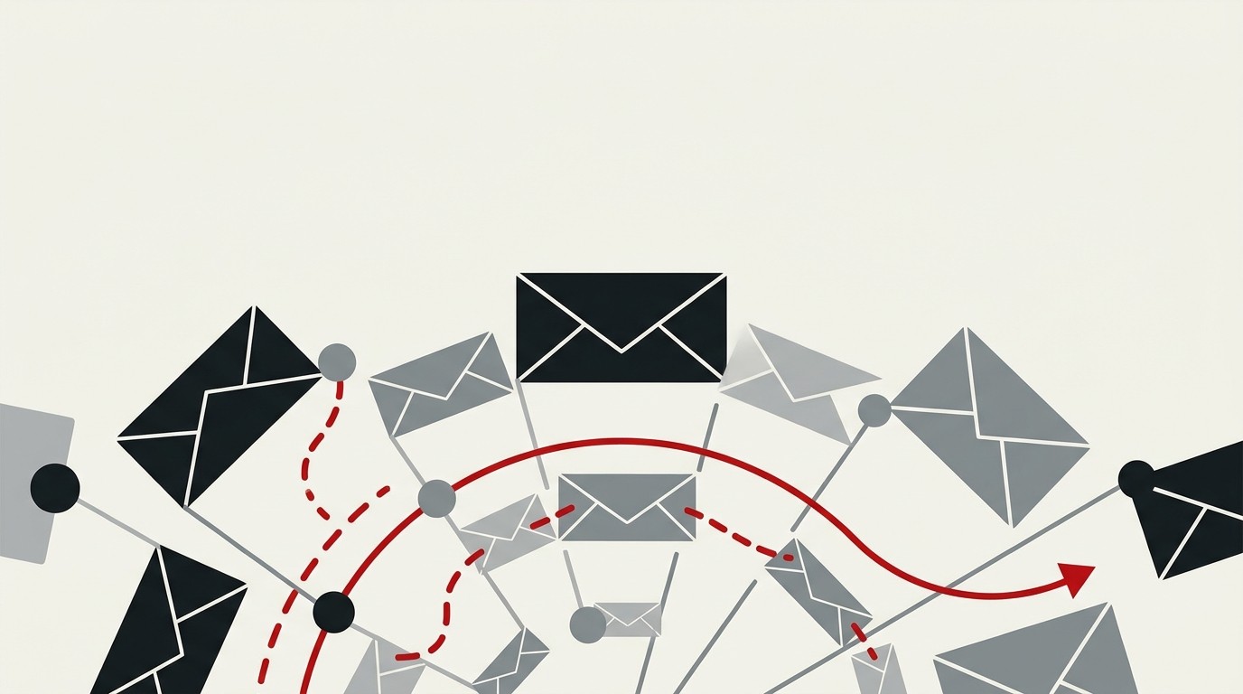A single red thread linking several cream-colored envelope shapes arranged like a payment network map, with open space above