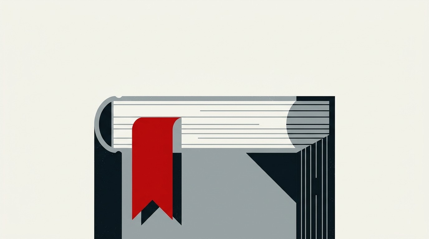 A bank building facade with a single red thread running through a stack of paper forms