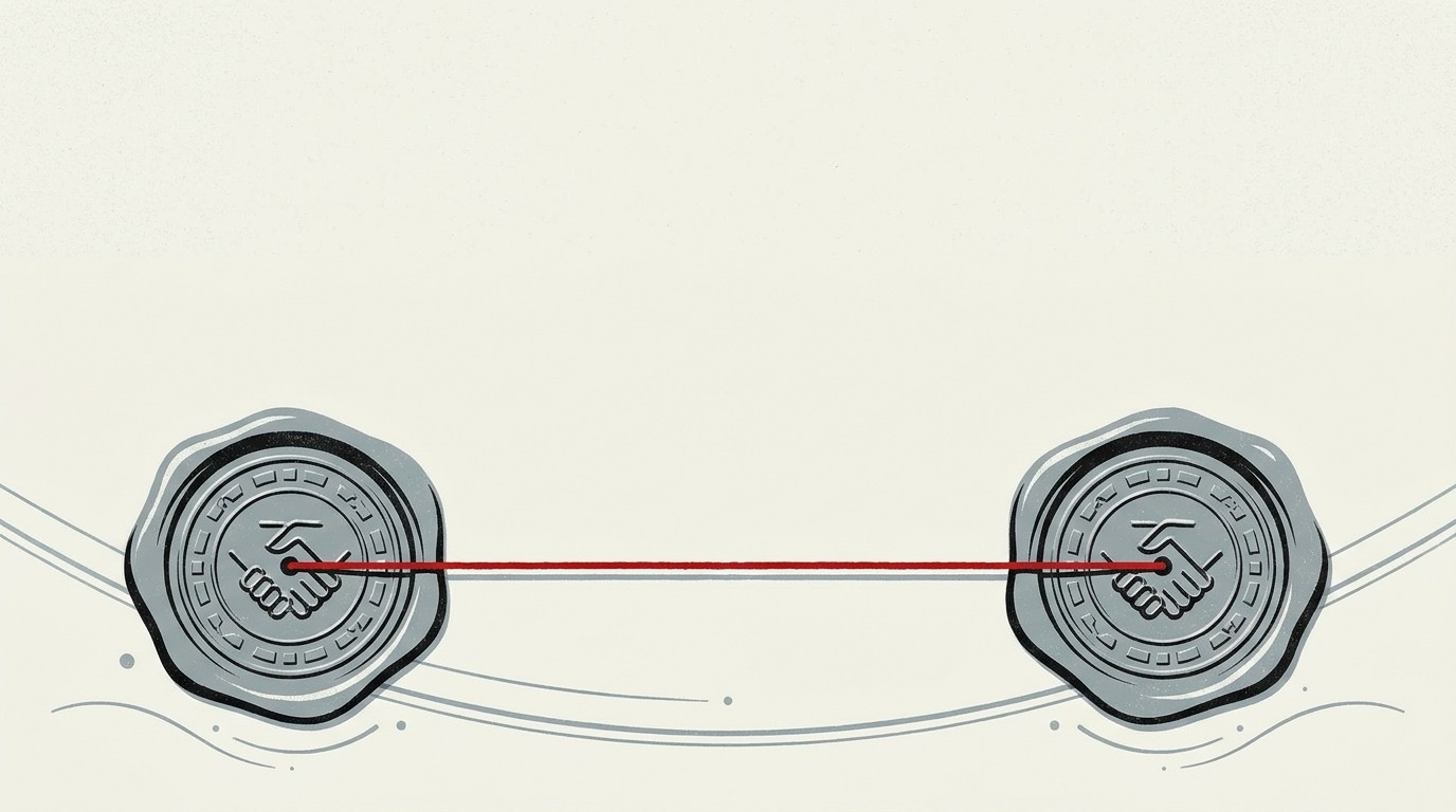 A single red thread linking two separate stamped seals on a cream field, negative space above