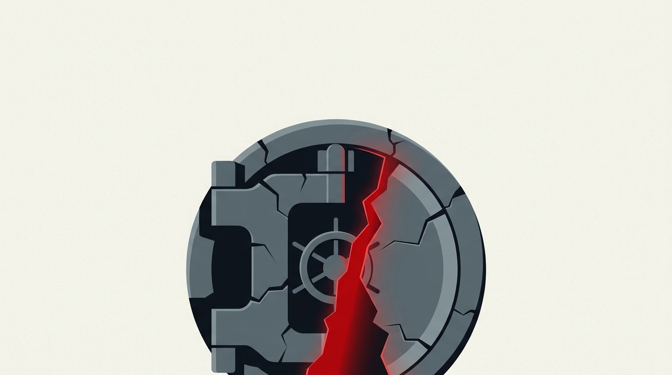 A locked vault door with a hairline crack, cream background, single red accent light leaking through the crack