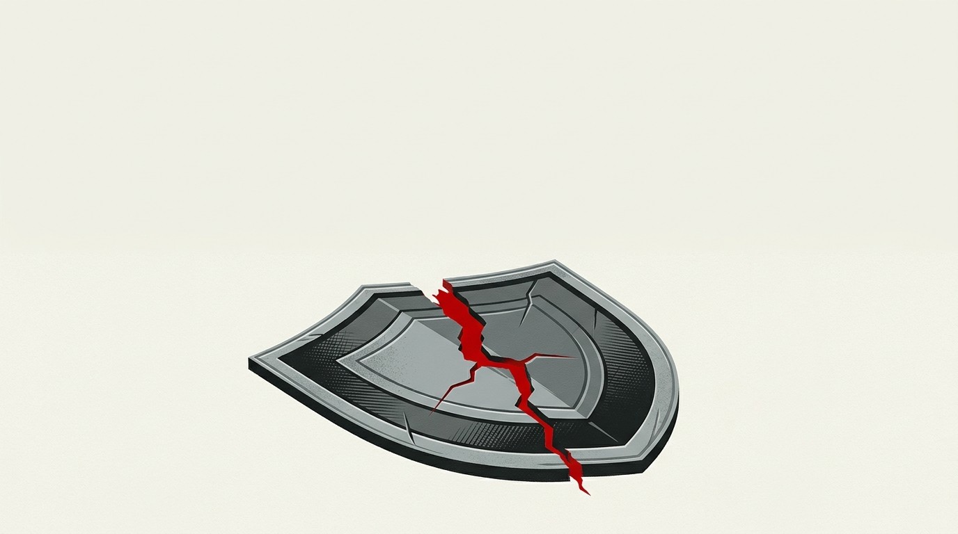 A single cracked shield outline on cream ground, one red fissure running through it, empty space above