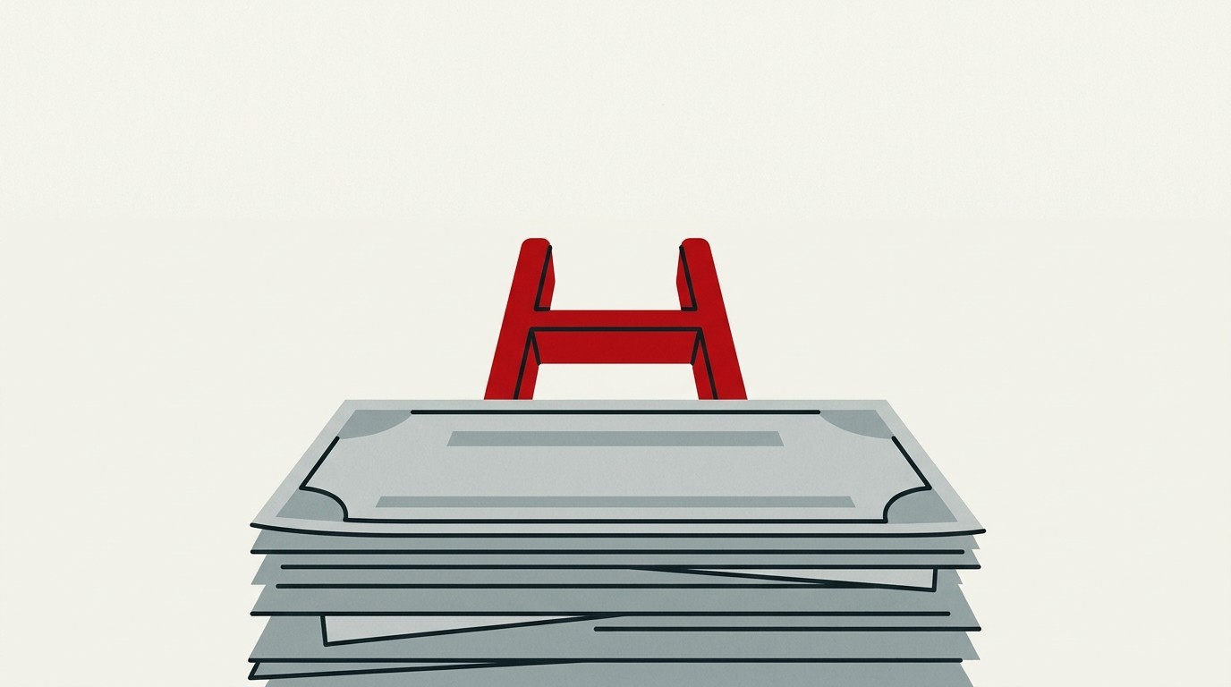 A cream field with a single red ladder rung floating above a stack of thin paper shares