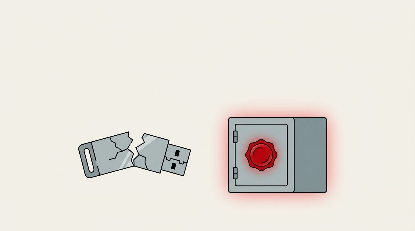A single cracked hardware key sits open on a cream surface beside a sealed red vault box, negative space above