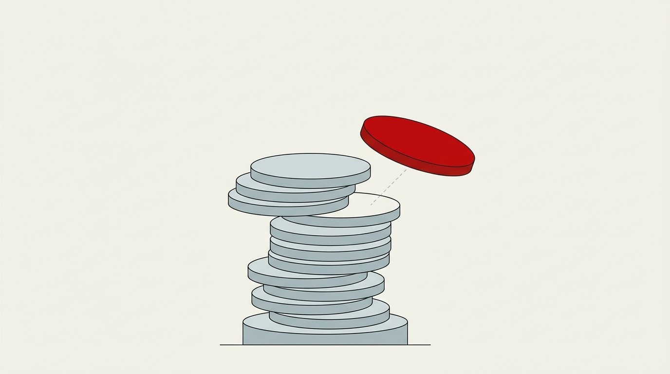 A tall stack of coin-like discs with a single red disc pulled out mid-air, leaving a gap in the pile below