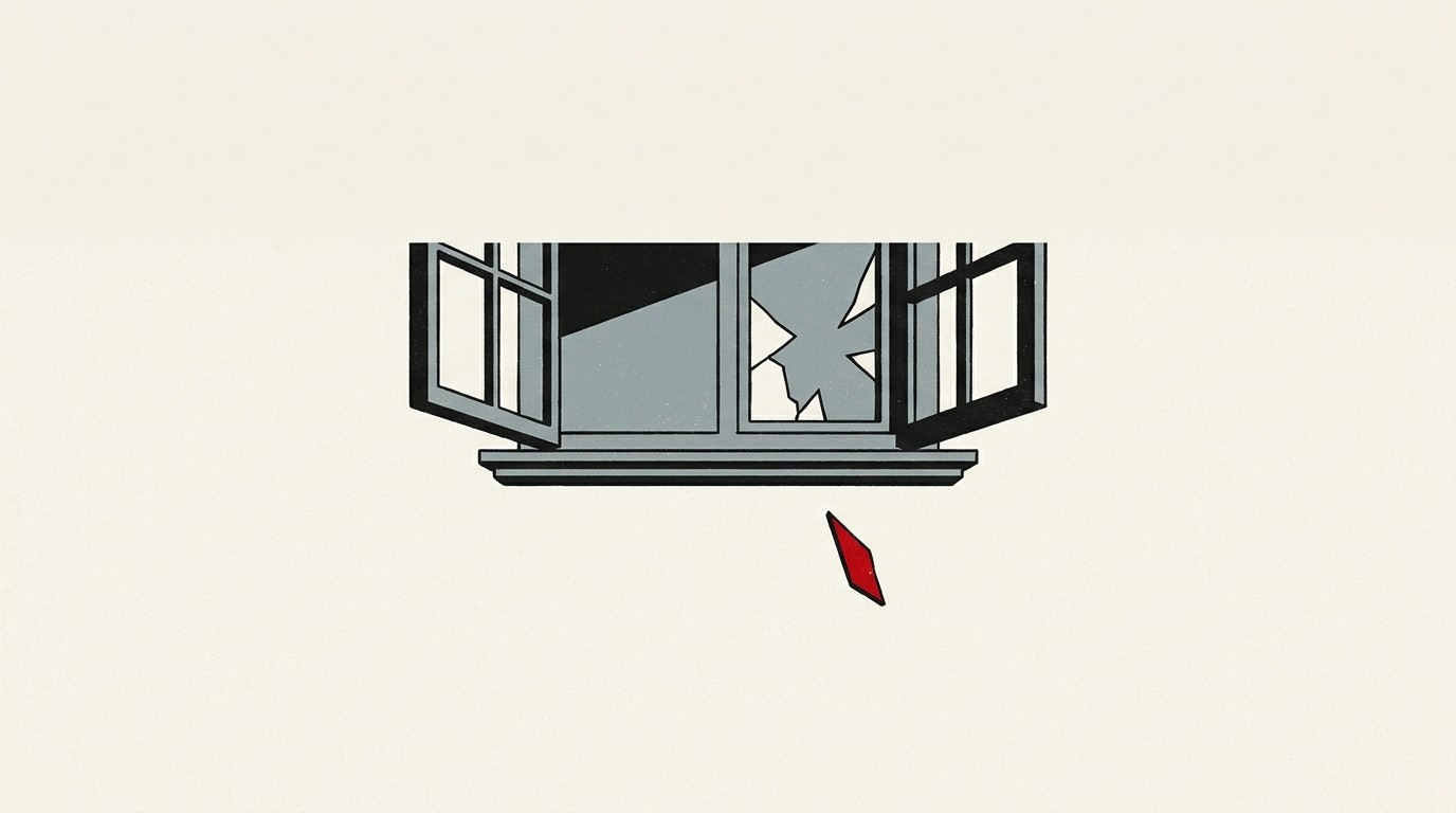 A single cracked window pane on a cream wall, one red shard falling away