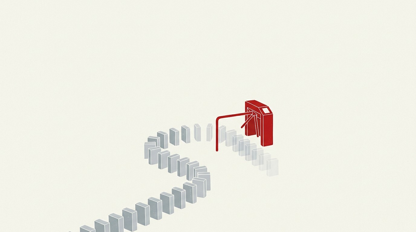 A red checkpoint gate set against a cream background, stamping a stream of identical pale tokens passing through it
