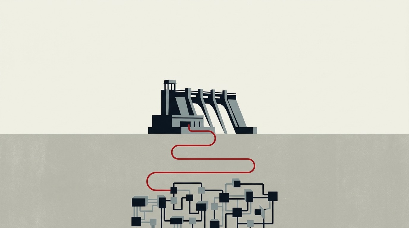 A cluster of dark server racks hidden inside a concrete bunker beside a glowing red power cable running to a dam