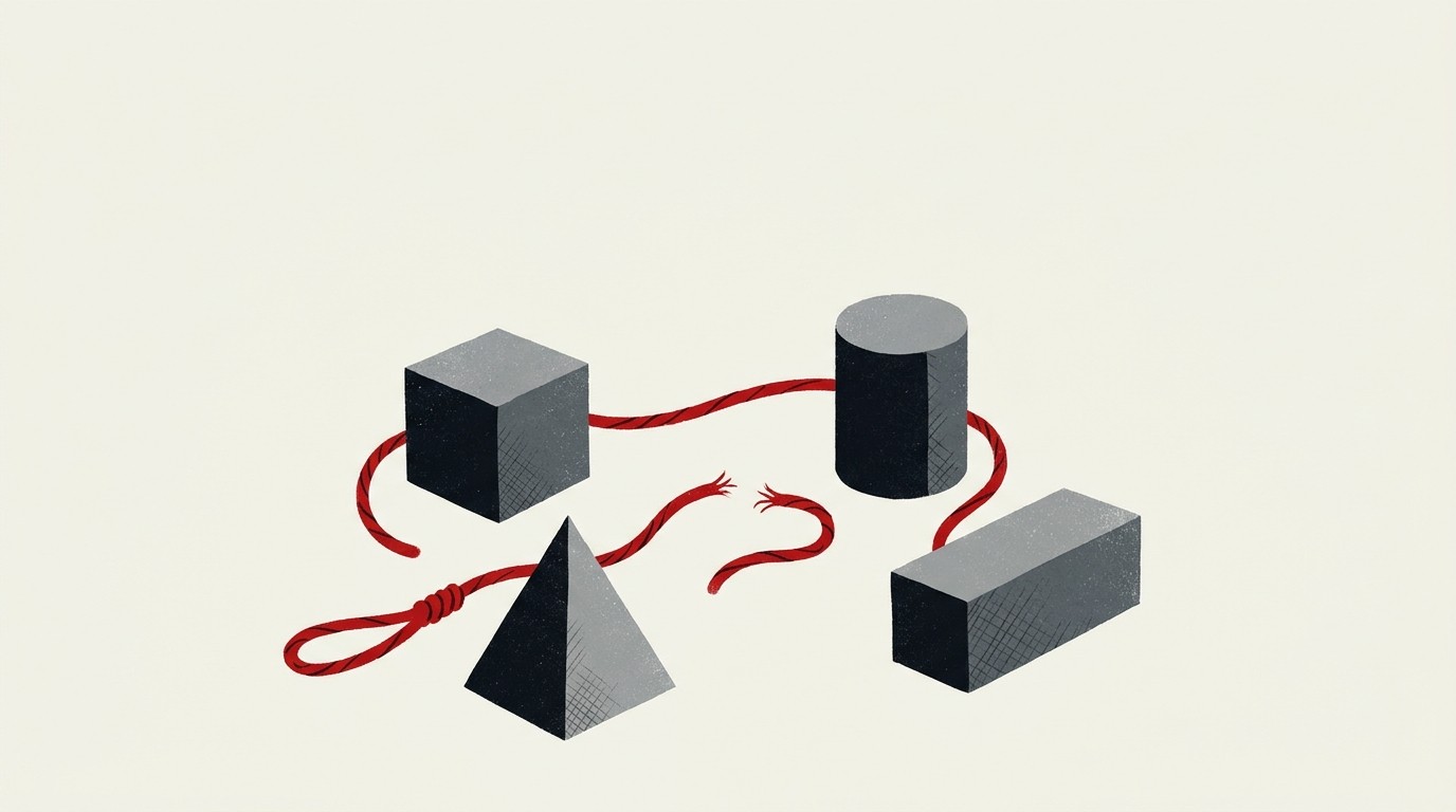 A cream field with a single red thread trying to loop around four separate scattered blocks, unable to fully encircle them