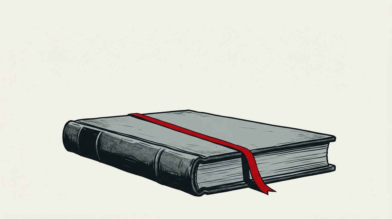 A cream field with a single red-outlined ledger book whose pages are folded shut, concealing rows of blank lines