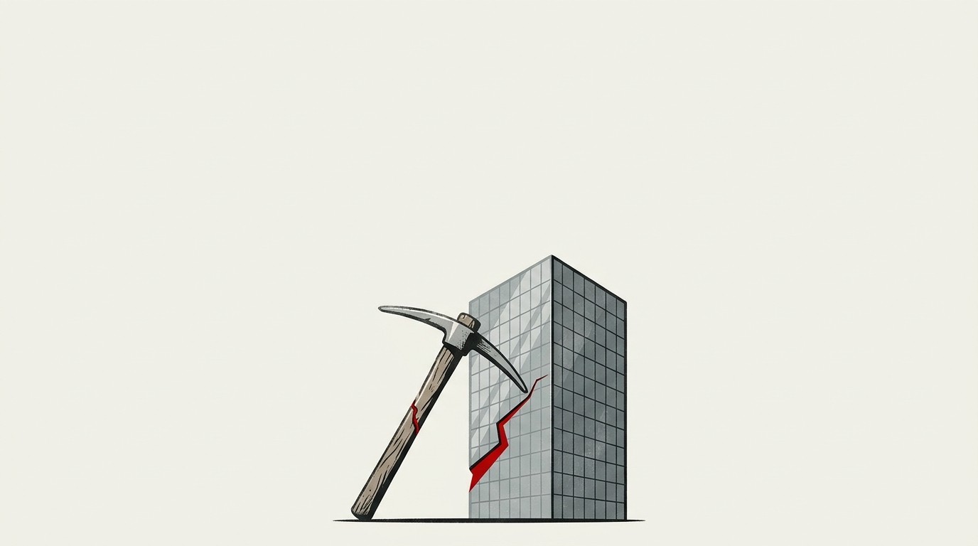 A cracked mining pickaxe balanced on a tall glass server tower, cream background, one red crack line