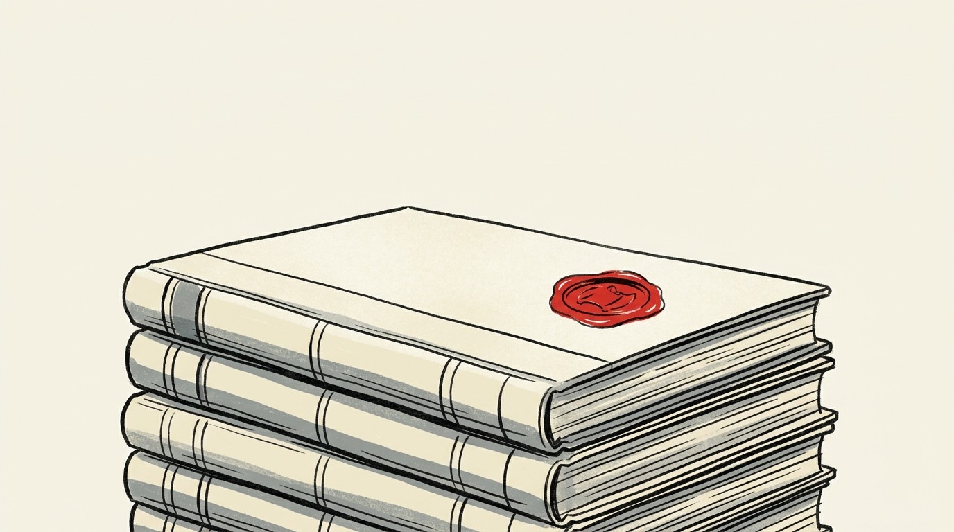 A single red coin-shaped seal stamped onto a stack of cream-colored ledger pages, negative space above