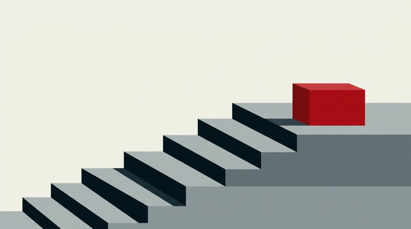 A single upward-stepping staircase of cream blocks against a mostly empty pale background, with one red block near the top step smaller than the rest, suggesting a shrinking prize atop rising steps