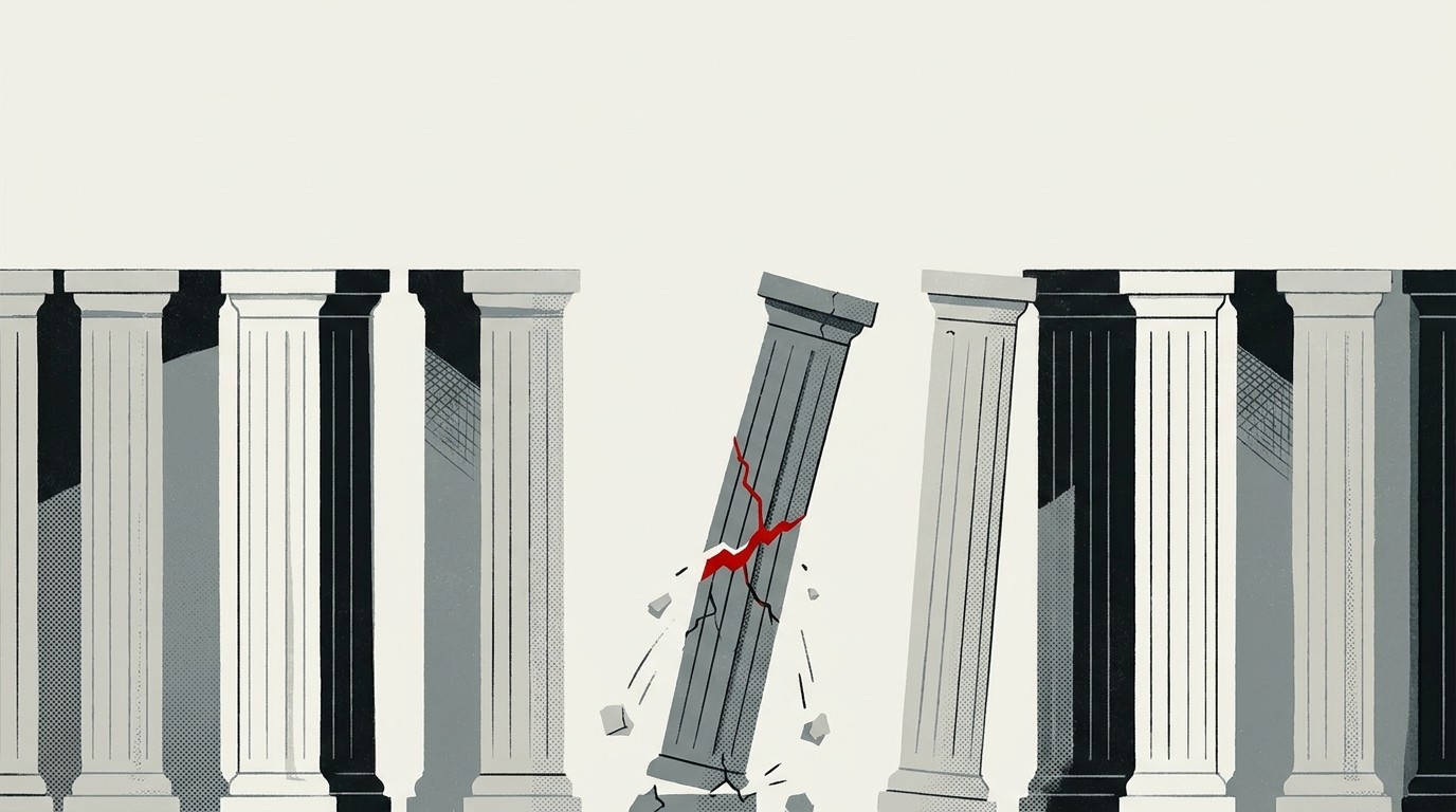 A single cracked column standing apart from a row of intact columns on a cream background, one column shaded red