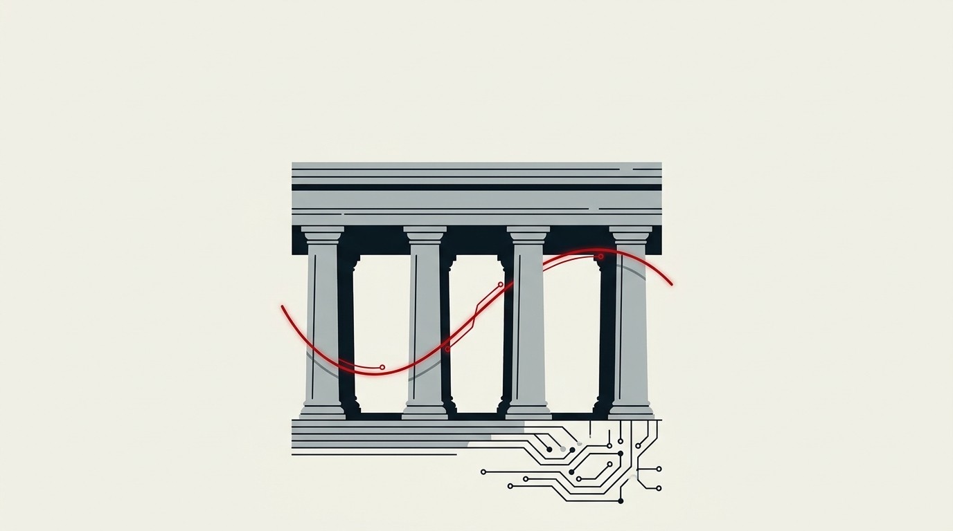 A cream-colored stock exchange facade with a single red thread stitching through its columns